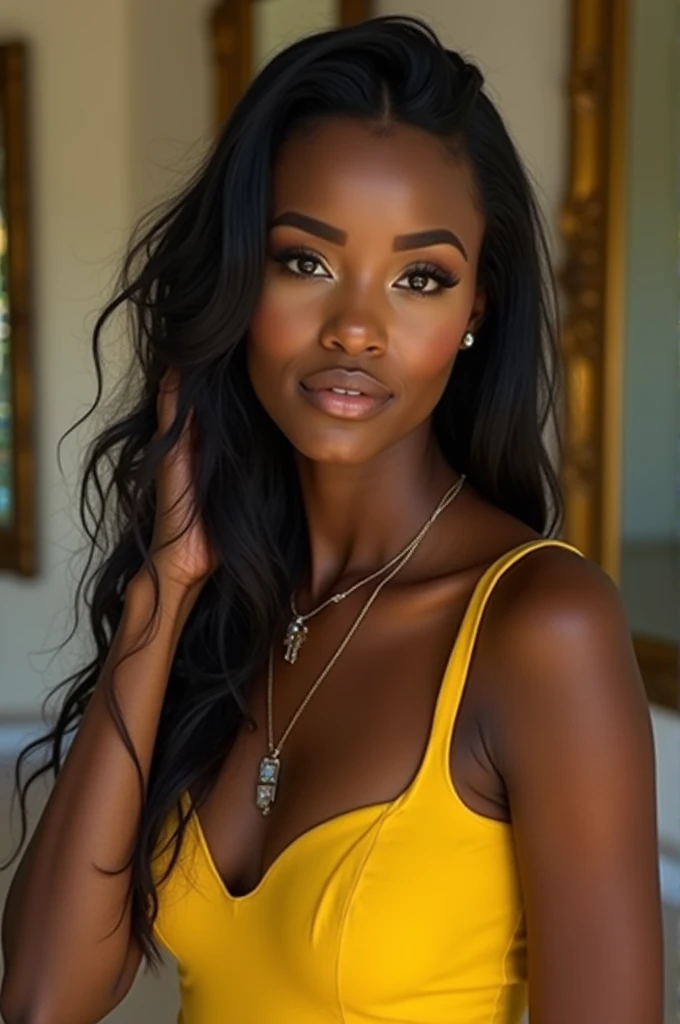 In the photo, a young woman is in the spotlight. She has dark skin and straight hair., dark, that are loose. She wears soft, well-done makeup., with defined eyebrows, long eyelashes and a nude lipstick. The woman is wearing a vibrant yellow dress and a delicate necklace with a square pendant.. She has one hand raised, lightly touching your hair. The surrounding environment appears to be an indoor space, maybe a hall, with mirrors in the background that reflect part of the place. Her expression is serene and confident..