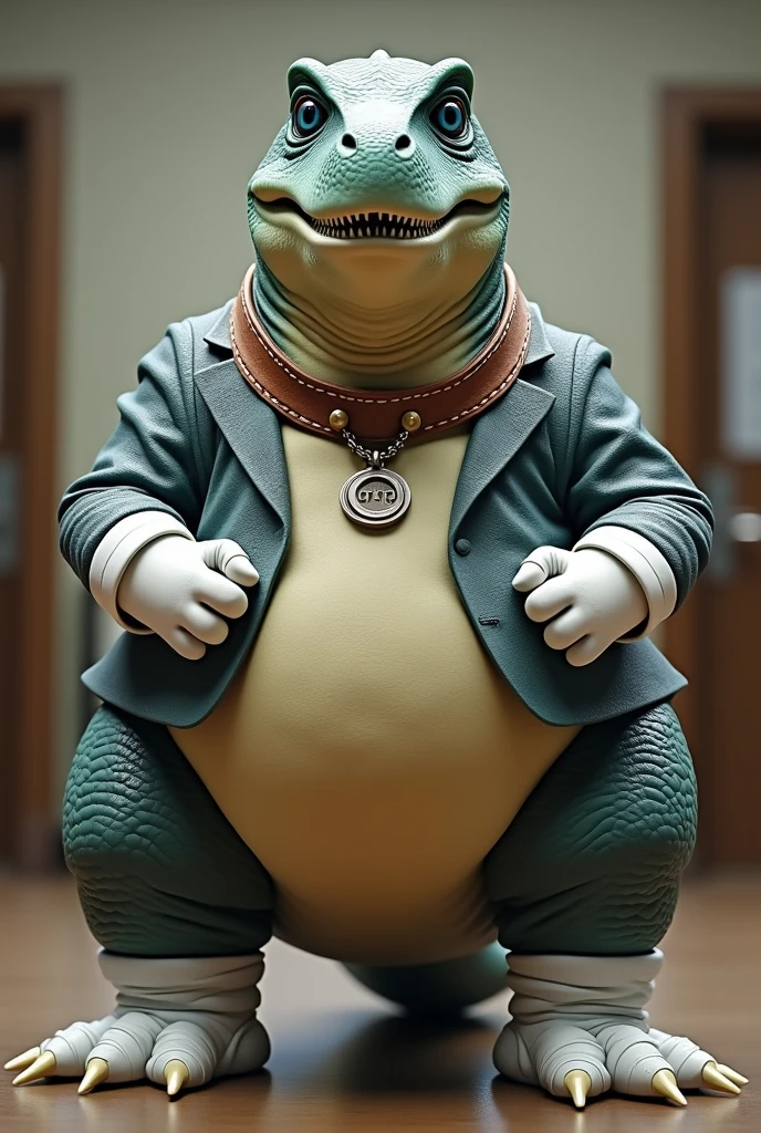 Dinosaur wearing a leather collar around his neck, white rubber gloves on hands and feet, white spats on feet, fat, bulging belly, large belly, thick leather collar, (high quality,4k,8k,highres,masterpiece:1.2),ultra-detailed,(realistic,photorealistic,photo-realistic:1.37), masterpiece,(intricate details), captivating artwork, artistically rendered, masterful strokes, attention to detail, tasteful composition, alluring charm, careful shading, great attention to anatomy, meticulous rendering, impeccable craftsmanship, vivid colors, perfect balance between realism and fantasy. Solo, Male, fat, squatting, extremely obese, gentleman, Dinosaur, bulging belly, large belly, blue eyes, (posing:1.3), (soft shading), 4k, hi res, ((detailed face, detailed)), looking at viewer, mouth wide open, office, top hat, male focus, brown headwear, Dinosaur is wearing a glossy leather dog collar around the neck, Dinosaur is wearing the leather collar and gloves and spats at the same time, Dinosaur is wearing glossy white rubber gloves on the hands, wearing white rubber gloves on the feet, gloves are rubber in texture, clenching fists, leather collar is glossy and shiny with a lot of detail, Dinosaur is wearing gloves and leather collar at the same time, leather collar has a round dog-tag, leather collar is thick and detailed.