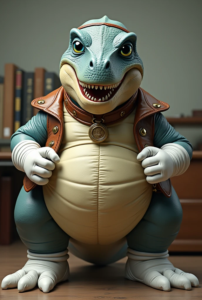 Dinosaur wearing a leather collar around his neck, white rubber gloves on hands and feet, white spats on feet, fat, bulging belly, large belly, thick leather collar, (high quality,4k,8k,highres,masterpiece:1.2),ultra-detailed,(realistic,photorealistic,photo-realistic:1.37), masterpiece,(intricate details), captivating artwork, artistically rendered, masterful strokes, attention to detail, tasteful composition, alluring charm, careful shading, great attention to anatomy, meticulous rendering, impeccable craftsmanship, vivid colors, perfect balance between realism and fantasy. Solo, Male, fat, squatting, extremely obese, gentleman, Dinosaur, bulging belly, large belly, blue eyes, (posing:1.3), (soft shading), 4k, hi res, ((detailed face, detailed)), looking at viewer, mouth wide open, office, top hat, male focus, brown headwear, Dinosaur is wearing a glossy leather dog collar around the neck, Dinosaur is wearing the leather collar and gloves and spats at the same time, Dinosaur is wearing glossy white rubber gloves on the hands, wearing white rubber gloves on the feet, gloves are rubber in texture, clenching fists, leather collar is glossy and shiny with a lot of detail, Dinosaur is wearing gloves and leather collar at the same time, leather collar has a round dog-tag, leather collar is thick and detailed.