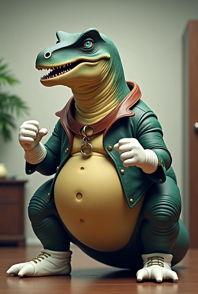 Dinosaur wearing a leather collar around his neck, white rubber gloves on hands and feet, white spats on feet, fat, bulging belly, large belly, thick leather collar, (high quality,4k,8k,highres,masterpiece:1.2),ultra-detailed,(realistic,photorealistic,photo-realistic:1.37), masterpiece,(intricate details), captivating artwork, artistically rendered, masterful strokes, attention to detail, tasteful composition, alluring charm, careful shading, great attention to anatomy, meticulous rendering, impeccable craftsmanship, vivid colors, perfect balance between realism and fantasy. Solo, Male, fat, squatting, extremely obese, gentleman, Dinosaur, bulging belly, large belly, blue eyes, (posing:1.3), (soft shading), 4k, hi res, ((detailed face, detailed)), looking at viewer, mouth wide open, office, top hat, male focus, brown headwear, Dinosaur is wearing a glossy leather dog collar around the neck, Dinosaur is wearing the leather collar and gloves and spats at the same time, Dinosaur is wearing glossy white rubber gloves on the hands, wearing white rubber gloves on the feet, gloves are rubber in texture, clenching fists, leather collar is glossy and shiny with a lot of detail, Dinosaur is wearing gloves and leather collar at the same time, leather collar has a round dog-tag, leather collar is thick and detailed.