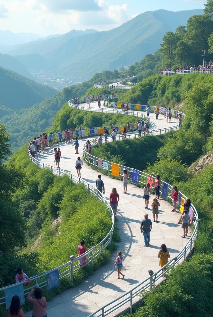 Photo of a road with a platform and a green area at the edge, with art panels and people watching