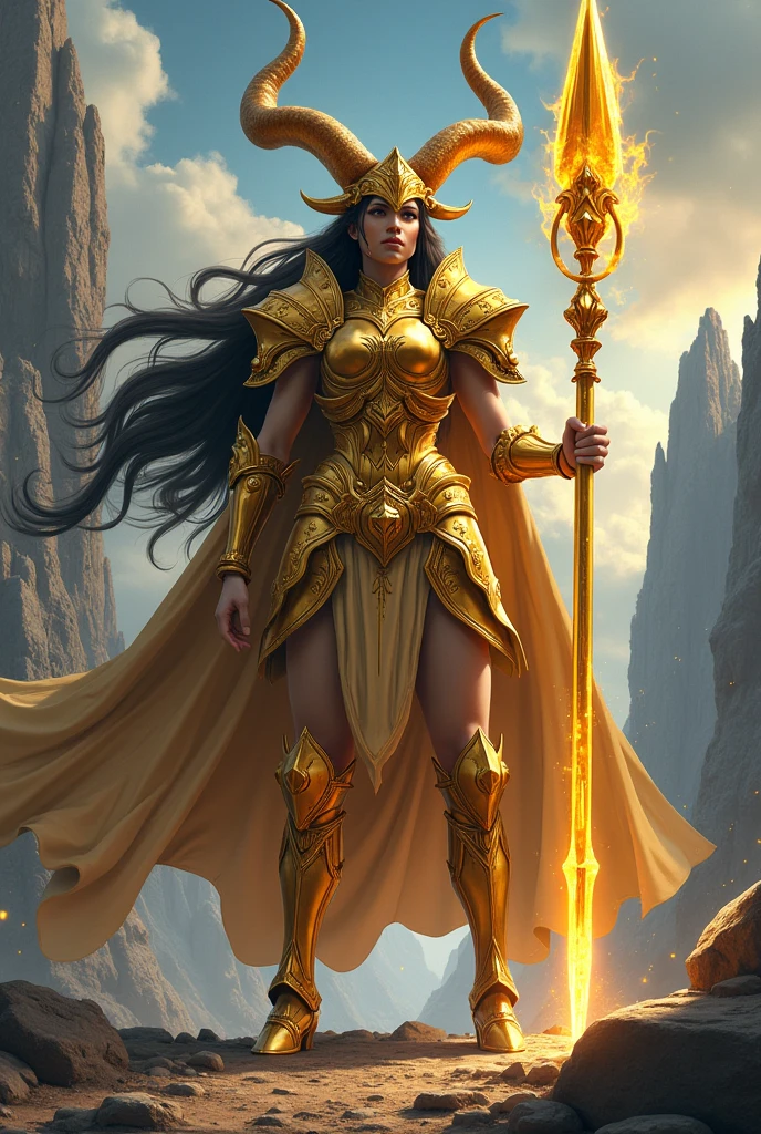 Create a majestic Amazon warrior inspired by the Knights of the Zodiac, wearing the golden Taurus armor. She stands tall and strong, exuding confidence and unwavering determination. Her armor should be adorned with intricate bull motifs, featuring large, curved horns on the helmet that symbolize the power of Taurus. The gold plating should be heavy and robust, with thick segments that protect her chest, shoulders, and legs, giving her an imposing presence. Her long hair, in shades of dark brown or black, flows behind her, adding to her powerful aura. She holds a massive weapon, like a golden warhammer or a colossal spear, glowing with energy. The backdrop should be a rugged, earth-themed landscape, with towering mountains and a stormy sky, emphasizing her connection to the earth and her indomitable strength. Ensure that the scene captures the original anime style, blending realism with fantasy, and highlighting the commanding and unbreakable spirit of the Taurus Amazon."