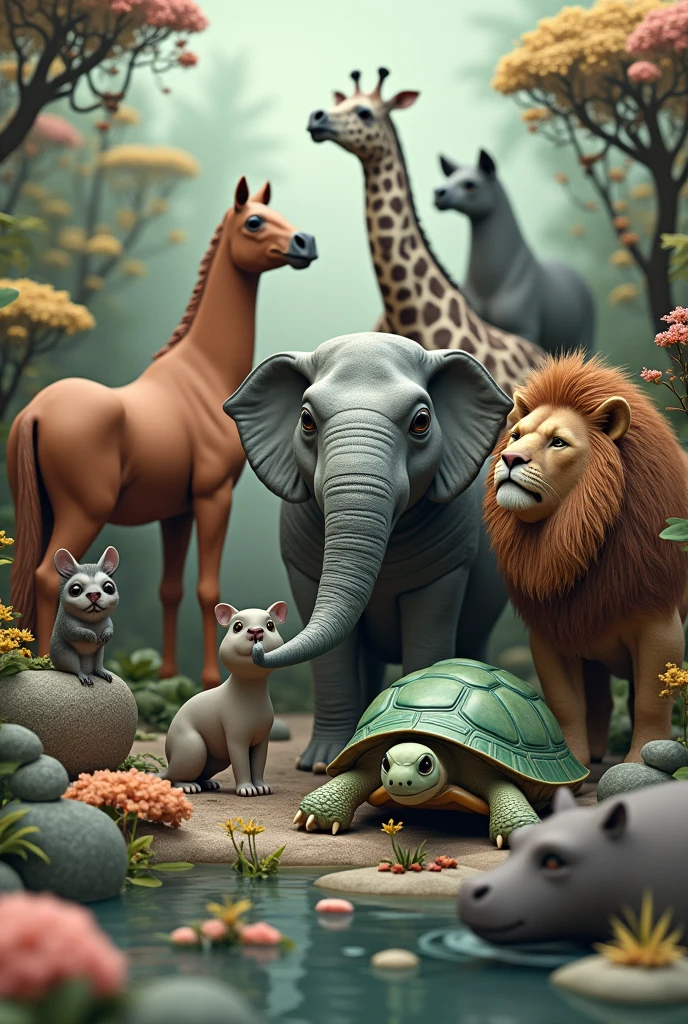 3D Brown horse Gray cat Big elephant Giraffe neck Green turtle Gray mouse Lion Hippo