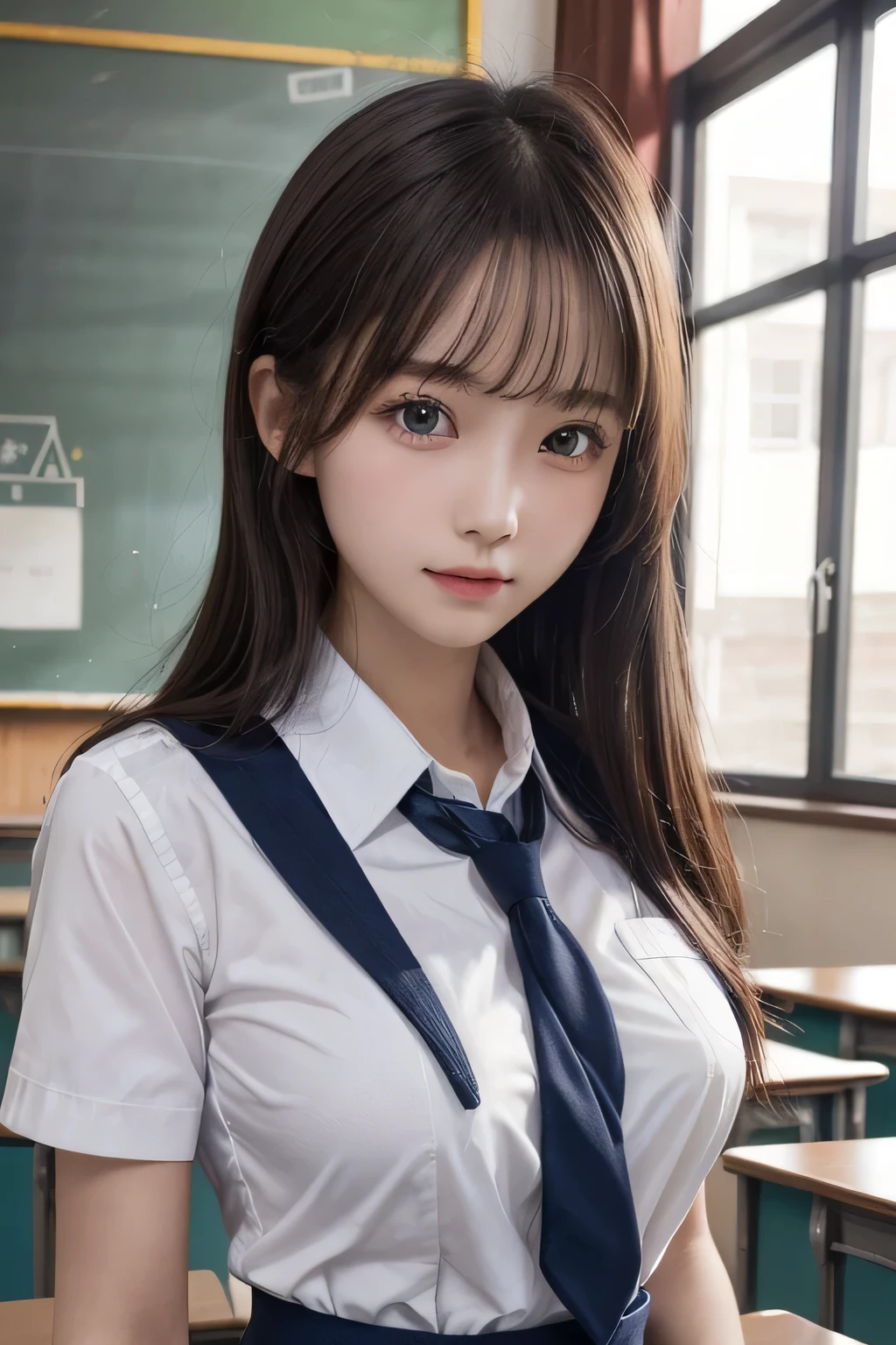 One Girl, 1 person,Highest quality,High resolution,超High resolution,8k,Realistic,Upper Body,encounter_audience,Large Breasts, the body is slim,(School uniform:1.2),