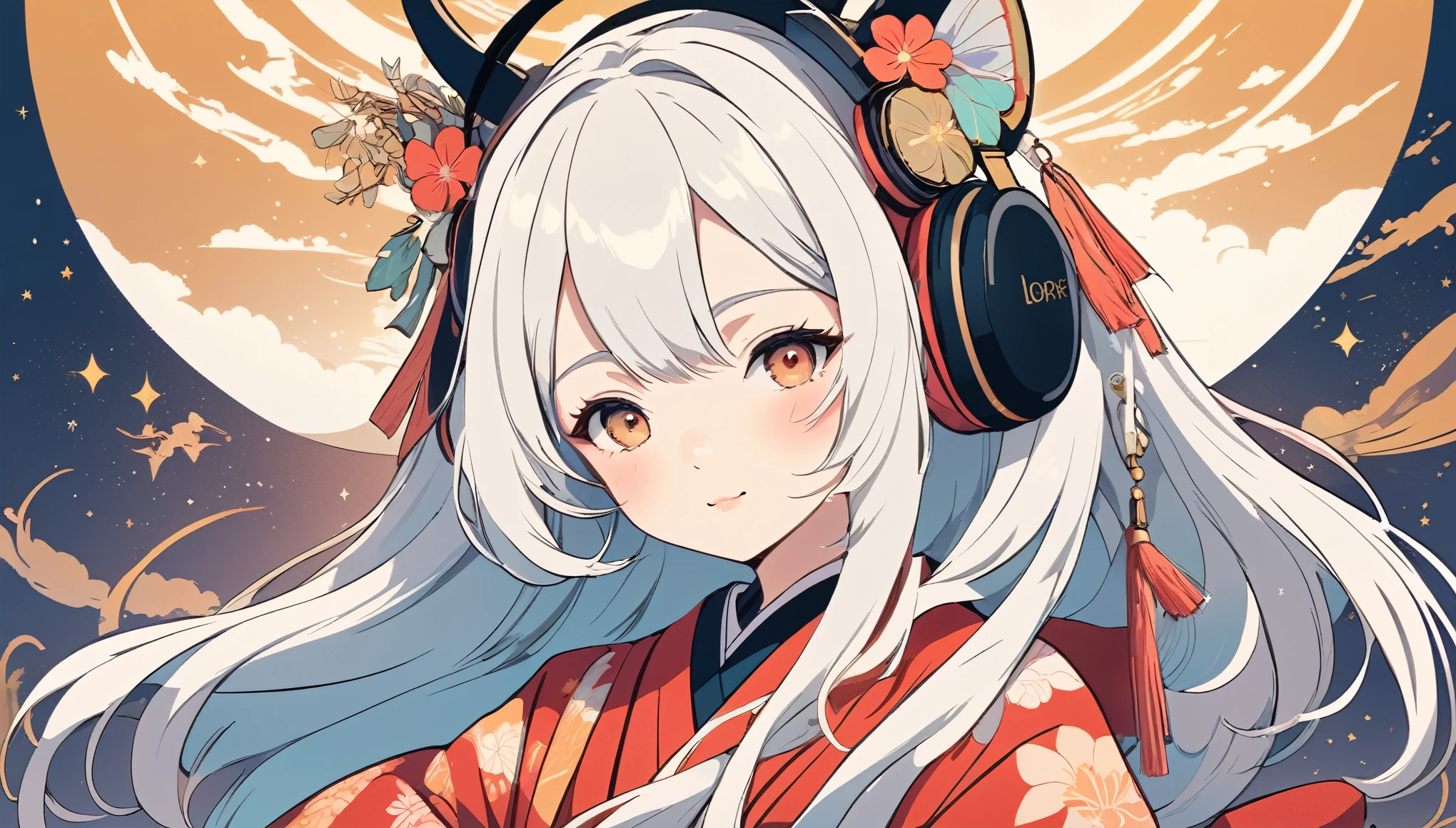 Japanese style headphones、Oiran、Wide-angle lens, Lofi Anime, Lofi illustration, Aesthetic atmosphere, Lo-Fi Style, Vector art, Flat Design, Simple shape, Warm tones, Pleasant atmosphere, Chill, In anime style, Digital drawing, Vector art, Vector logo for t-shirt printing, (Adorable:1.5), (small:1.4), (Playful:1.2), (soft:1.3), (Whimsical:1.1), masterpiece, Highest quality, 8k, Intricate details, grow, Celestial, Mysterious, Picturesque, amazing, Majestic, Magic, Fantasy art, Cover art, dream-like