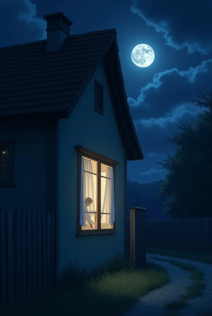 Imagine a simple house in a sleepy village, with the soft light of the moon illuminating the night. The first image captures a lit window in Maria's house., with a light transparent curtain that sways gently, suggesting the presence of someone watching from inside.