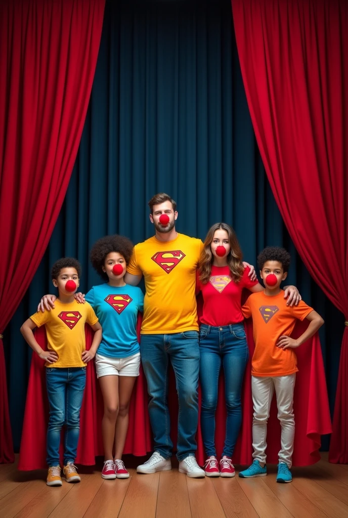 A group of 5 people between 8 and 60 years old, dressed as superman with a cape, They wear a colorful shirt, They wear a red Clown nose, They are standing in the middle of a theatre stage with the curtain open.