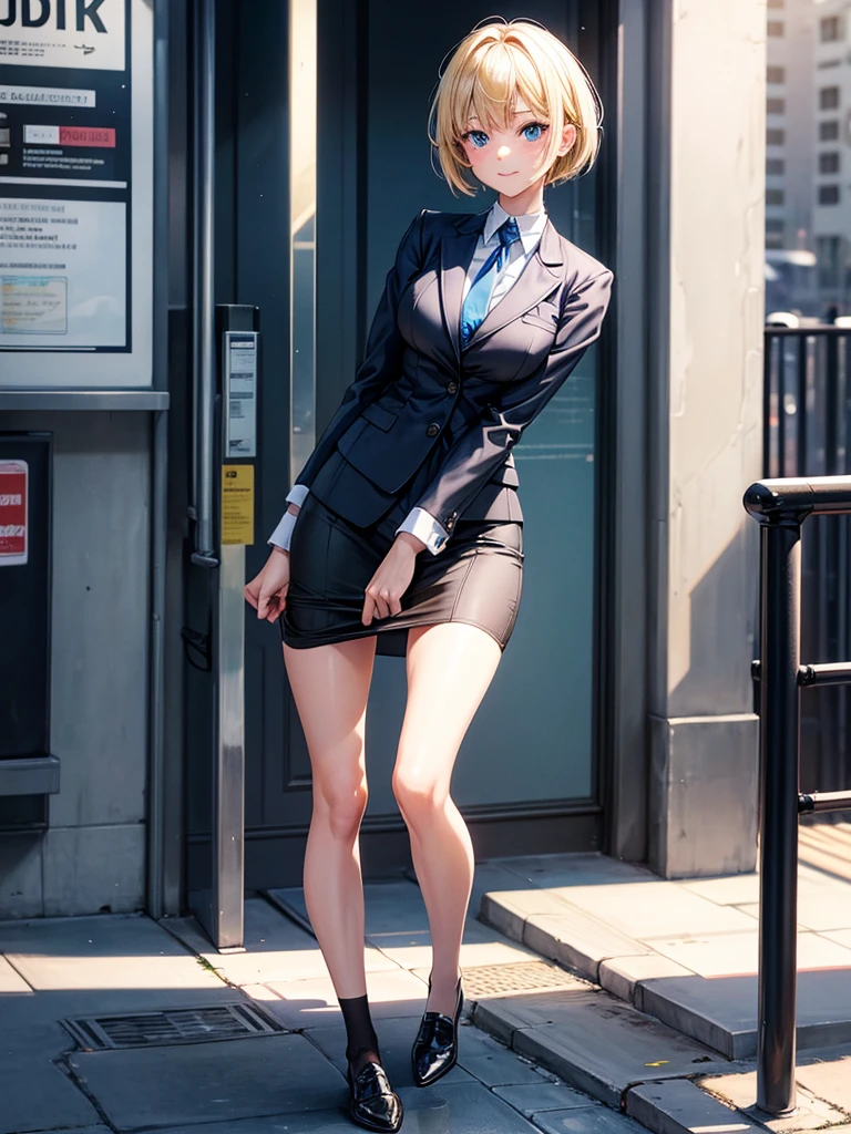 Anime style, super fine illustration, highly detailed, beautiful detailed, perfect detailed, super high quality image, static representation, gentle expression, happy expression, the pretty image, super stylish, 8k, pretty 1girl with blonde straight short hair & blue eyes & a bright smile & full bust & soft fair skin is a career woman supervisor who is not to show her skin wearing big light blue business shirt & black summer tailored jacket & black tight skirt & black pantyhose on the urban business buildings street, in the morning, solo, perfect fingers, no more fingers, no less fingers, perfect arms, no more arms, perfect legs, no more legs, no more hair, masterpiece.
