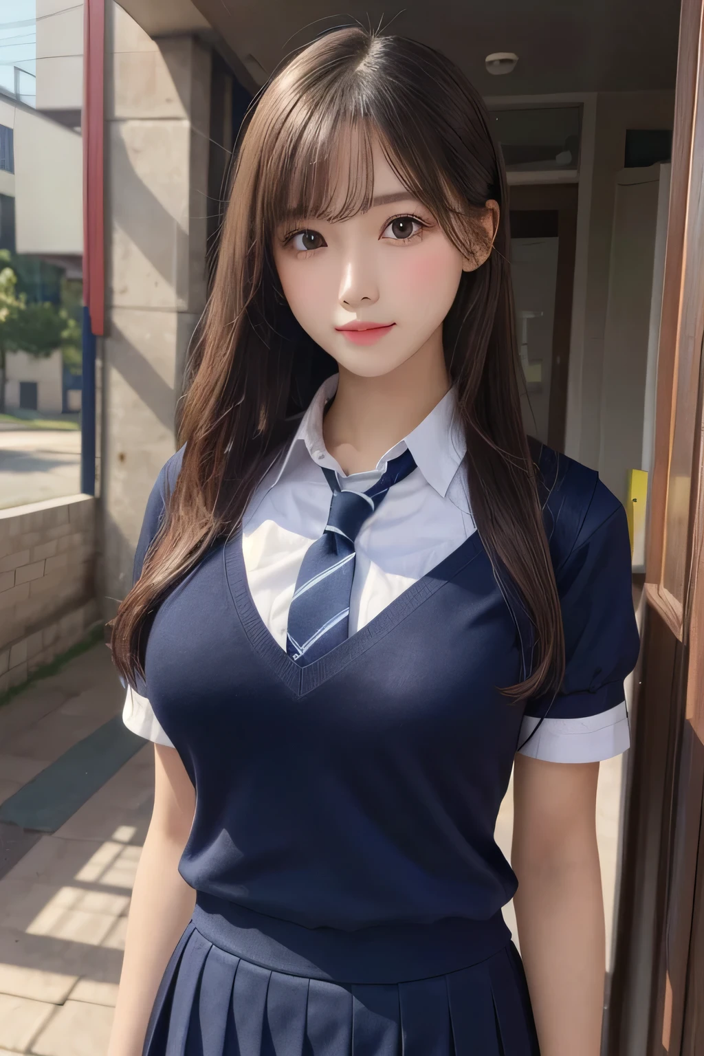 One Girl, 1 person,Highest quality,High resolution,超High resolution,8k,Realistic,Upper Body,encounter_audience,Large Breasts, the body is slim,(School uniform:1.2),