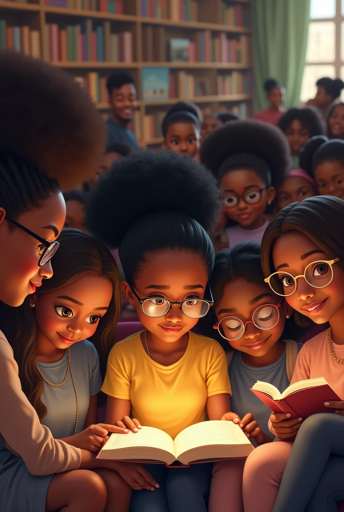A large group of black girls reading  a few in glasses