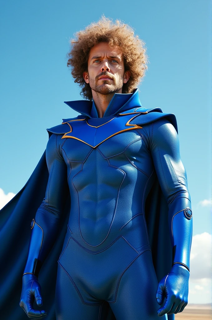 Blue sky super hero suit with Jeff Lynne's face