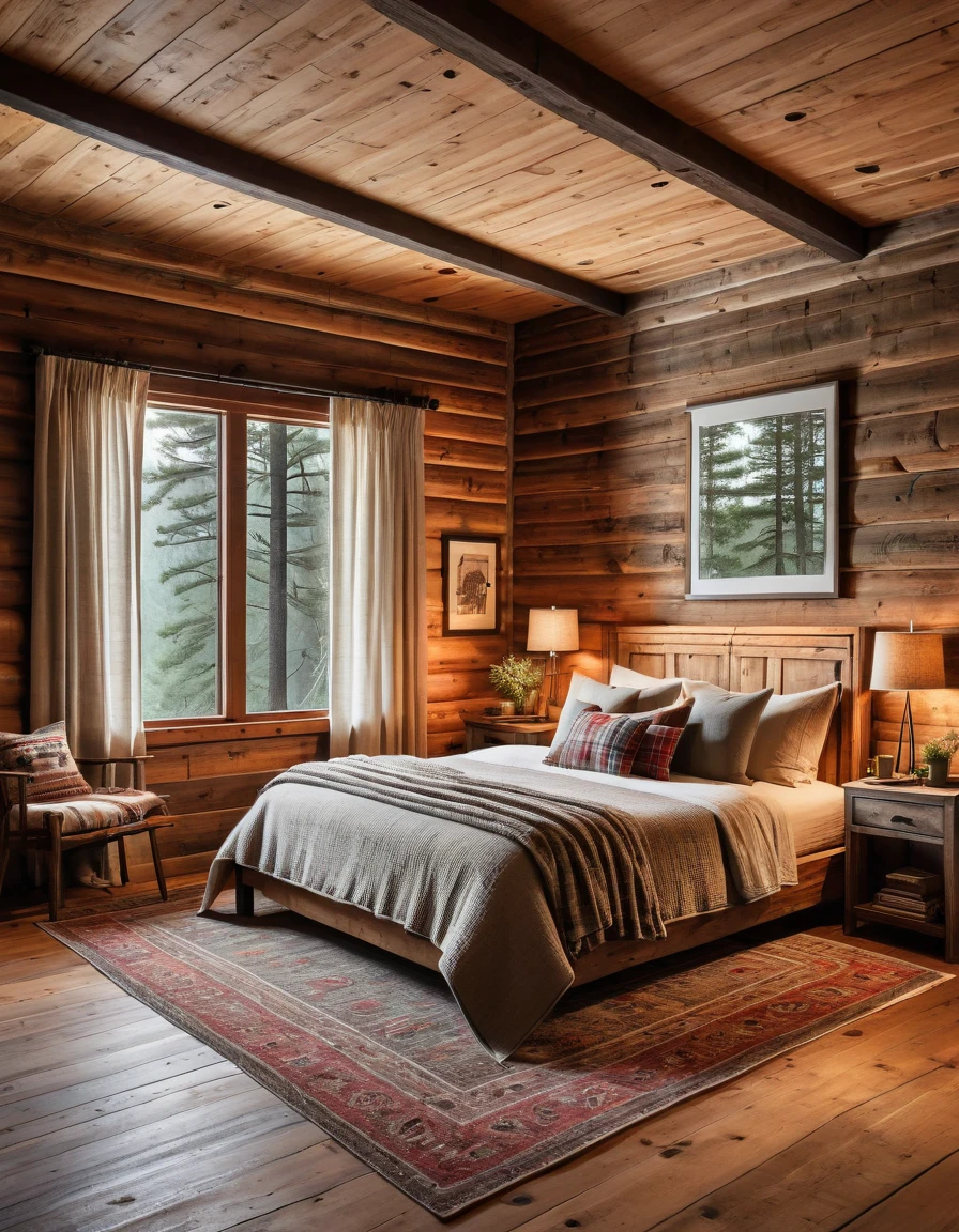 "Imagine a cozy bedroom in a cabin, where the rustic charm is complemented by modern comforts. A large, plush bed with a quilted coverlet and an assortment of soft, flannel pillows sits against a wooden headboard. The room features warm, ambient lighting from bedside lamps, a thick, woven rug on the wooden floor, and a window with simple curtains framing a serene forest view."