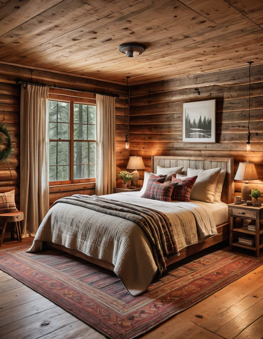 "Imagine a cozy bedroom in a cabin, where the rustic charm is complemented by modern comforts. A large, plush bed with a quilted coverlet and an assortment of soft, flannel pillows sits against a wooden headboard. The room features warm, ambient lighting from bedside lamps, a thick, woven rug on the wooden floor, and a window with simple curtains framing a serene forest view."