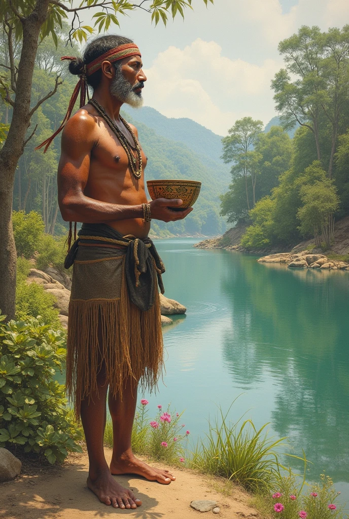 Drawing of an indigenous man near the Magdalena River with a bowl in his hand