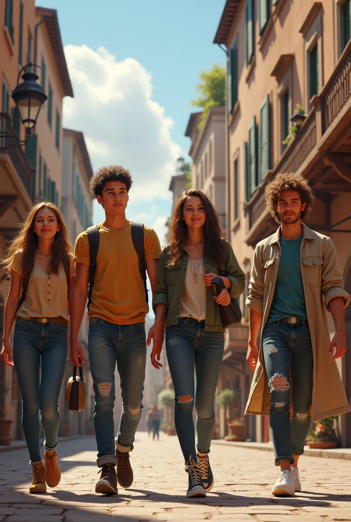 A group of friends 2 males and 3 females, teenagers of the 21st century exploring the Renaissance era in person of 5 people