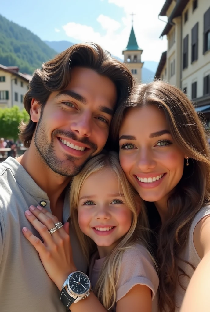 (Photorealism:1.1) a couple man dark brown hair and brown eyes together with a woman blonde green eyes long hair e uma criança loira de 8 anos fazendo selfie em Lugano e um IWC portuguese e usando aliança de casamento 8k ultra realistic super detailed