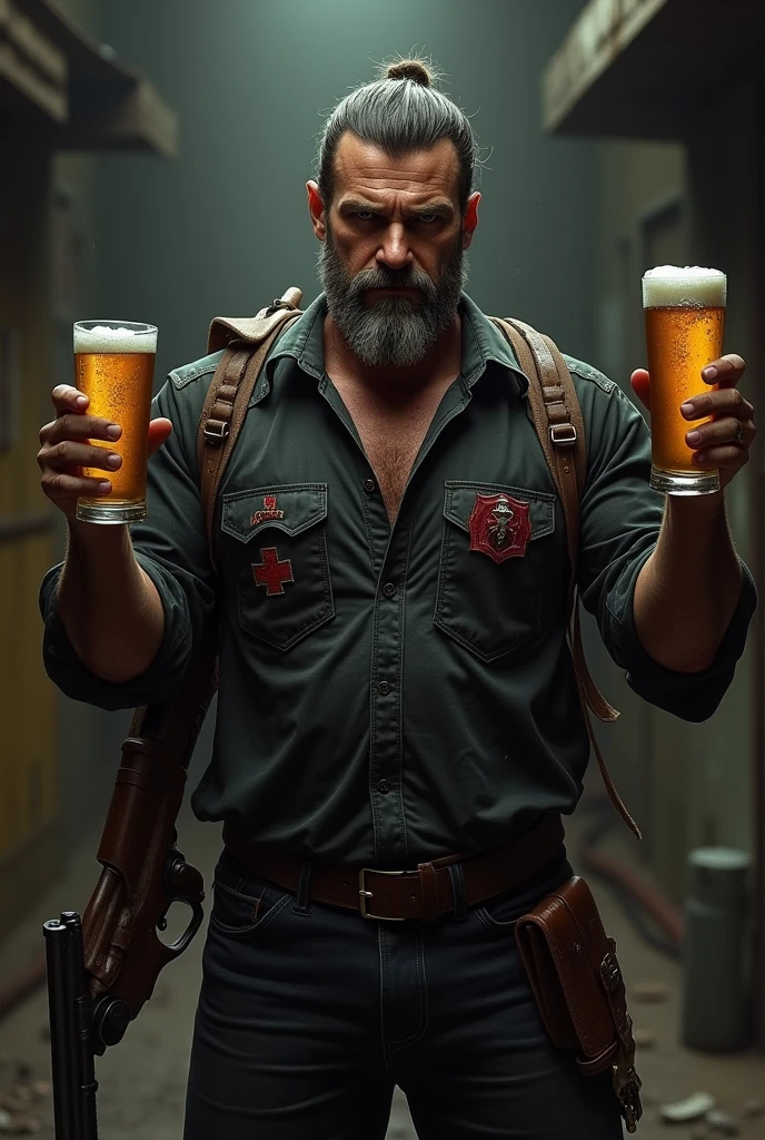 Bandit wearing a black shirt with a Maltese cross on his chest holding a beer and a gun