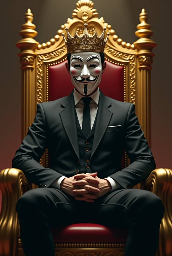 character with anonymous mask sitting on a throne wearing a crown on his head, His clothes are a suit and the golden throne, the golden crown and the white and black mark