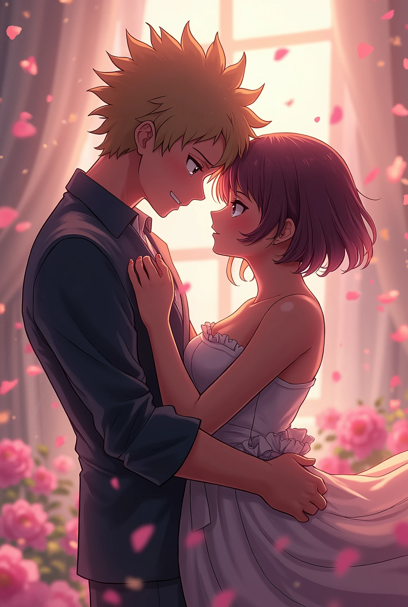 Create active Bakugo from Boku no hero and Uraraka Ochako with short, chocolate-colored hair submissive in a romantic environment 