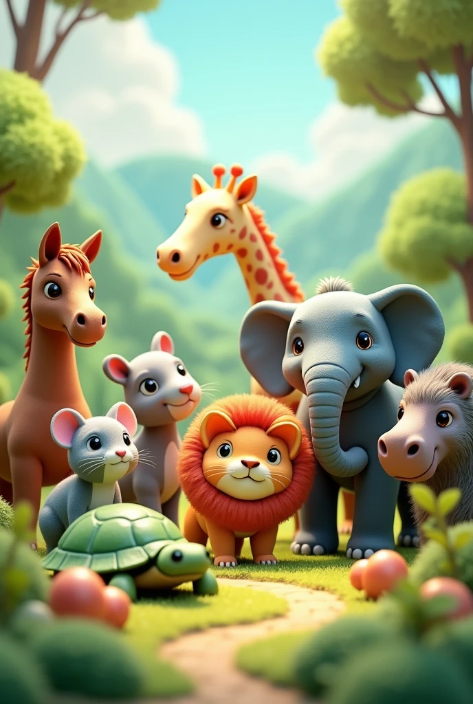 Cute 3D Brown horse Gray cat Big elephant Giraffe neck Green turtle Gray mouse Lion Hippo 