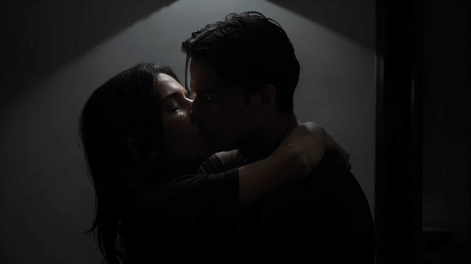 A man hugging a sandra bullock from behind in a dark room, it's night, both have their eyes closed, dramatic chiaroscuro lighting, moody atmosphere, cinematic, emotional, (best quality,4k,8k,highres,masterpiece:1.2),ultra-detailed,(realistic,photorealistic,photo-realistic:1.37),dramatic lighting,dramatic shadows,moody atmosphere,cinematic composition,emotional expression,closed,strong chiaroscuro,dramatic contrast,dramatic lighting,