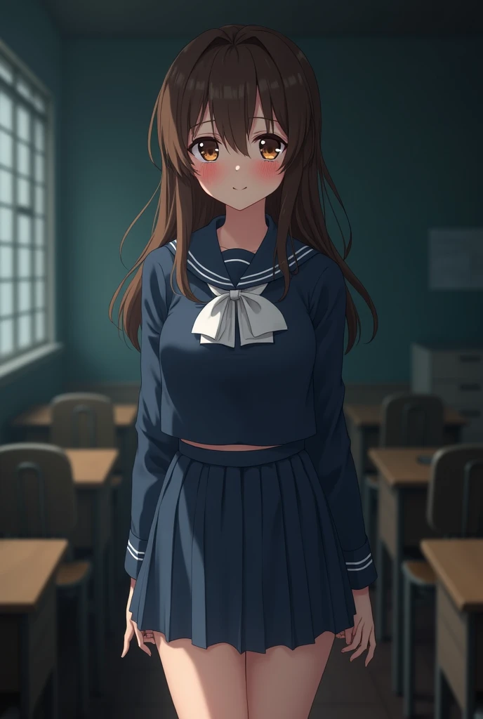 ((japanse beatiful girl:1.3)) ((school uniforms:1.4)) ((panty shot:1.5)) ((high school)),((dark blue skirt:1.3)) ((in the class room:1.3)) ((thin_fabric:1.4)) ((sweaty:1.5))((face is flushed:1.4))  best quality,masterpiece,ultra high res,(photorealistic:1.4),raw photo,(Authentic skin texture:1.3),(film grain:1.3),panorama,character portrait,very wide shot,narrow waist,big tit(in the dark, deep shadow, low key, cold light,) night,(()),streaming tears,,dust,Tyndall effect,(expression),1girl,beautiful detailed eyes and face,white jabot,brown eyes,((brown hair:1.2)) ((full body:1.3)) ((smile:1.3))