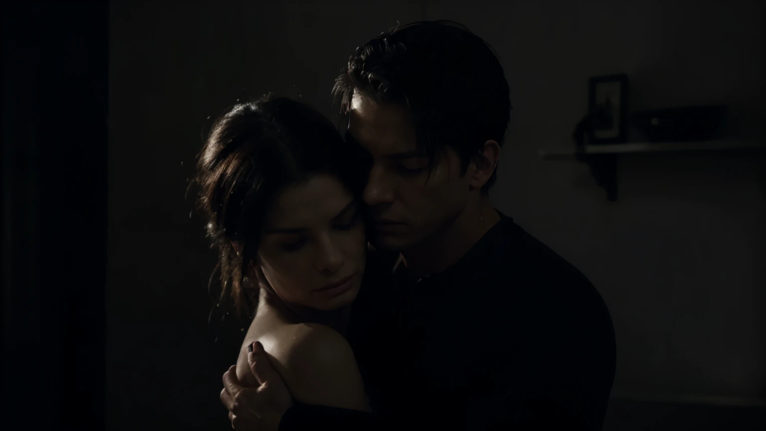 A man hugging a sandra bullock from behind in a dark room, it's night, both have their eyes closed, dramatic chiaroscuro lighting, moody atmosphere, cinematic, emotional, (best quality,4k,8k,highres,masterpiece:1.2),ultra-detailed,(realistic,photorealistic,photo-realistic:1.37),dramatic lighting,dramatic shadows,moody atmosphere,cinematic composition,emotional expression,closed,strong chiaroscuro,dramatic contrast,dramatic lighting,