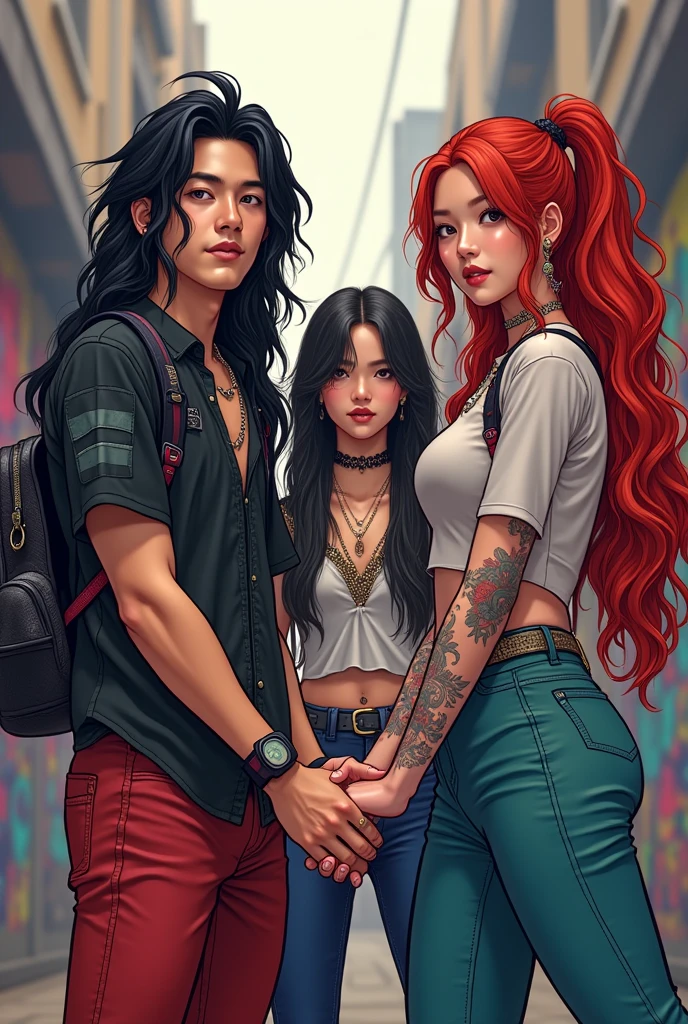 Generate a realistic photo that includes a very handsome Korean boy with long hair and a rocker style holding hands with Nayeon from Twice, popular korean girls, a Japanese girl with a red haired rocker look, A Korean boy with a rebellious and popular appearance 
