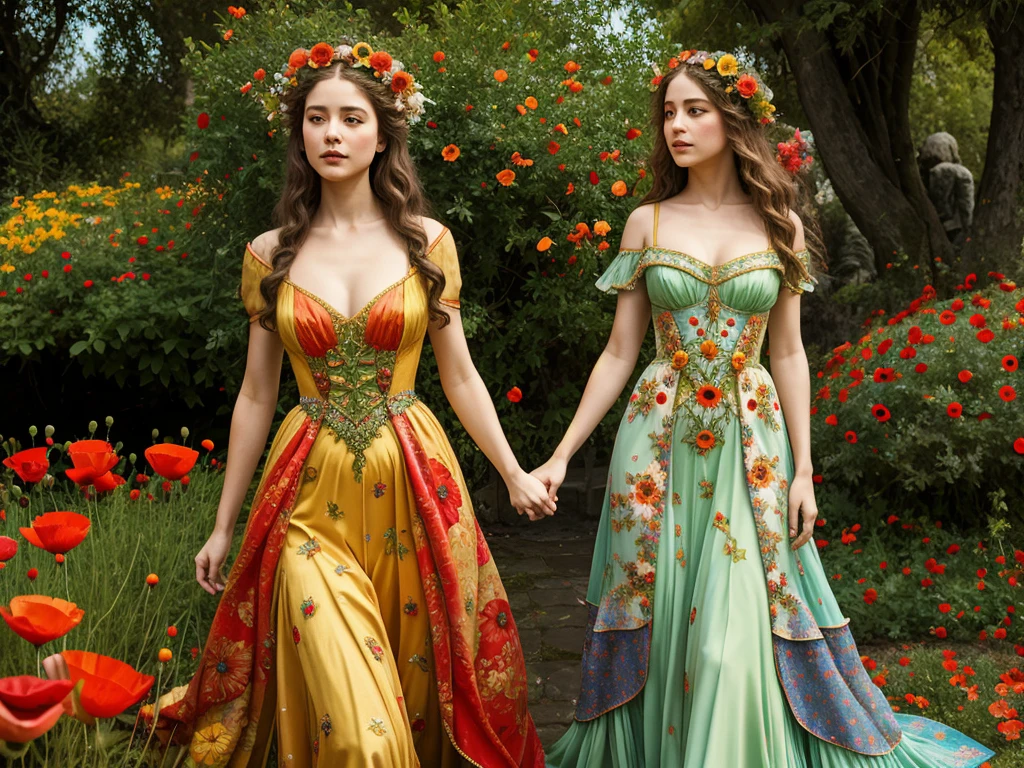 A surrealistic masterpiece by Gustave Moreau and Claude Monet, depicting a Venus statue adorned with vibrant, fluttering poppies. The statue is meticulously detailed, wearing a flowing gown that's juxtaposed with the vivid, swirling poppies that bloom from its base. The colors are a harmonious blend of rich reds, oranges, and yellows, with a touch of green foliage. The overall atmosphere is dreamlike and otherworldly, a testament to the artistic collaboration between these two renowned artists.