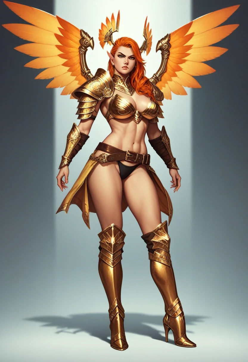 Detailed face, detailed eyes, detailed lips, 1girl, orange hair, golden face-framing headgear, ear wings, golden bikini armor, golden shoulder armors, golden bracers, black underwear, big brown belt, golden thigh-high boots, armor boots, serious expression