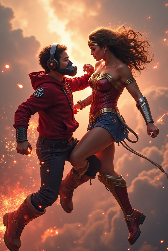 Young Star-lord with red hoodie, headphones, star-lord helmet on head, gas helmet, covered mouth, round red eyes, Red eyes, magic rings in the hands and rocket boots, Vs. Wonder woman (Big tits), Fighting, power, fiction, full body, 2 person, magic lasso, flying in the sky, hight, fall, fire in boots, red magic musical notes surrounding, full escene, hugged, Superpower, powerful, 