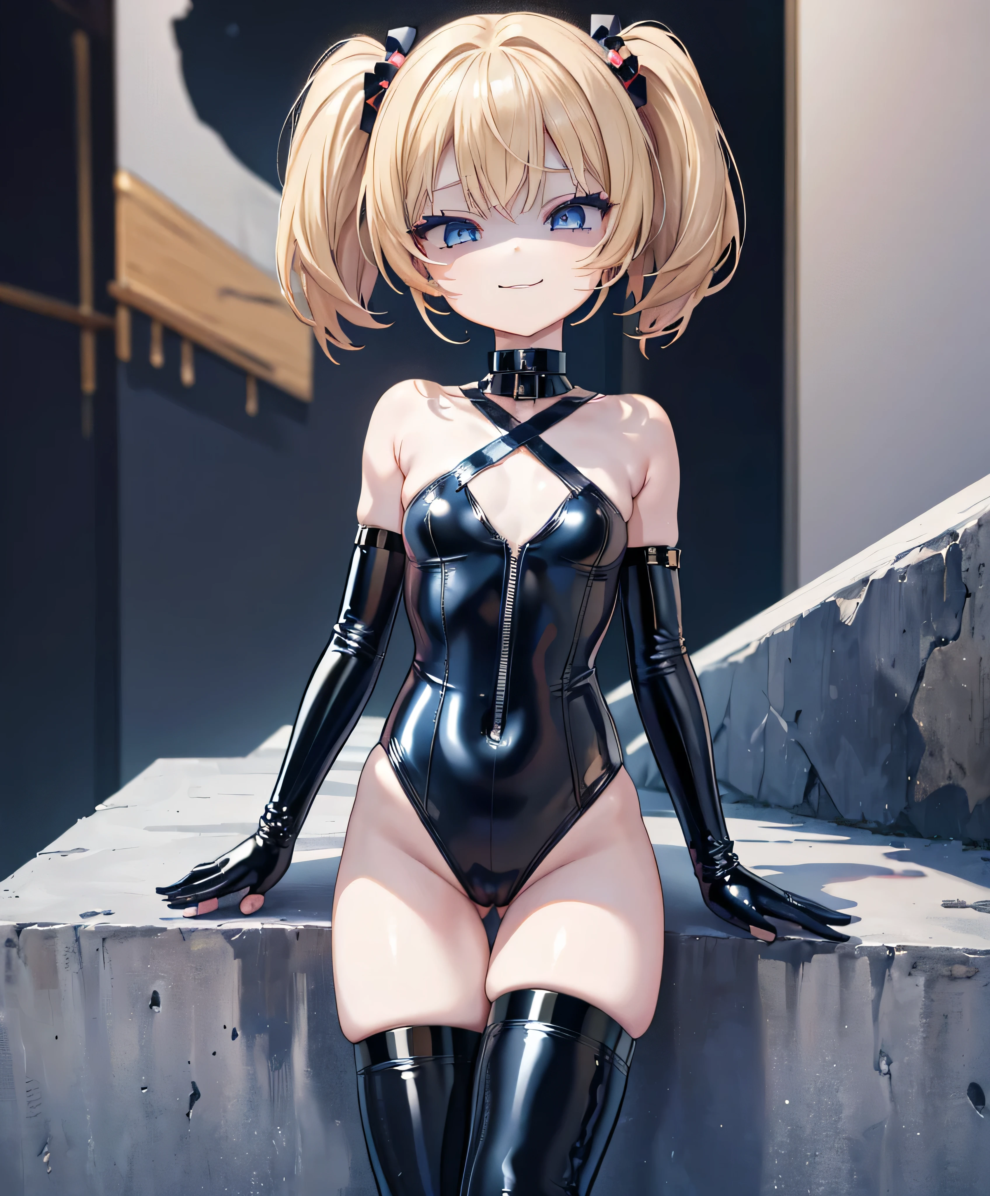 ((Highest quality)), (masterpiece)), (detailed: 1.4), Disorganized solutions、High resolution、(masterpiece:1.4)、Super detailed、Beautiful girl、Highest quality、masterpiece、Very detailed、(1 person):1.4、(Black latex swimsuit)、(Blonde):1.3、Twin tails、Short Twin tails、choker、(Dark blue eyes):1.1,(Shiny latex)、elbow fullgloves,thighhigh  boots,