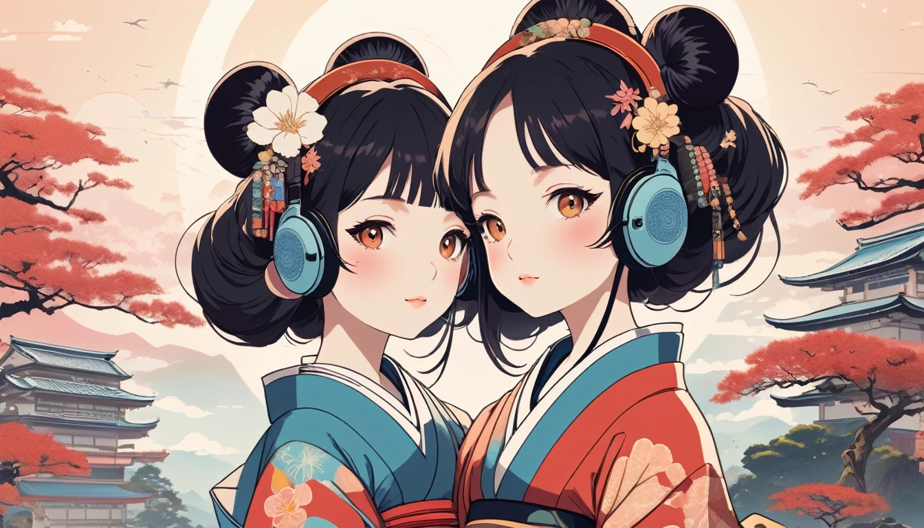 Japanese style headphones、Oiran、Wide-angle lens, Lofi Anime, Lofi illustration, Aesthetic atmosphere, Lo-Fi Style, Vector art, Flat Design, Simple shape, Warm tones, Pleasant atmosphere, Chill, In anime style, Digital drawing, Vector art, Vector logo for t-shirt printing, (Adorable:1.5), (small:1.4), (Playful:1.2), (soft:1.3), (Whimsical:1.1), masterpiece, Highest quality, 8k, Intricate details, grow, Celestial, Mysterious, Picturesque, amazing, Majestic, Magic, Fantasy art, Cover art, dream-like