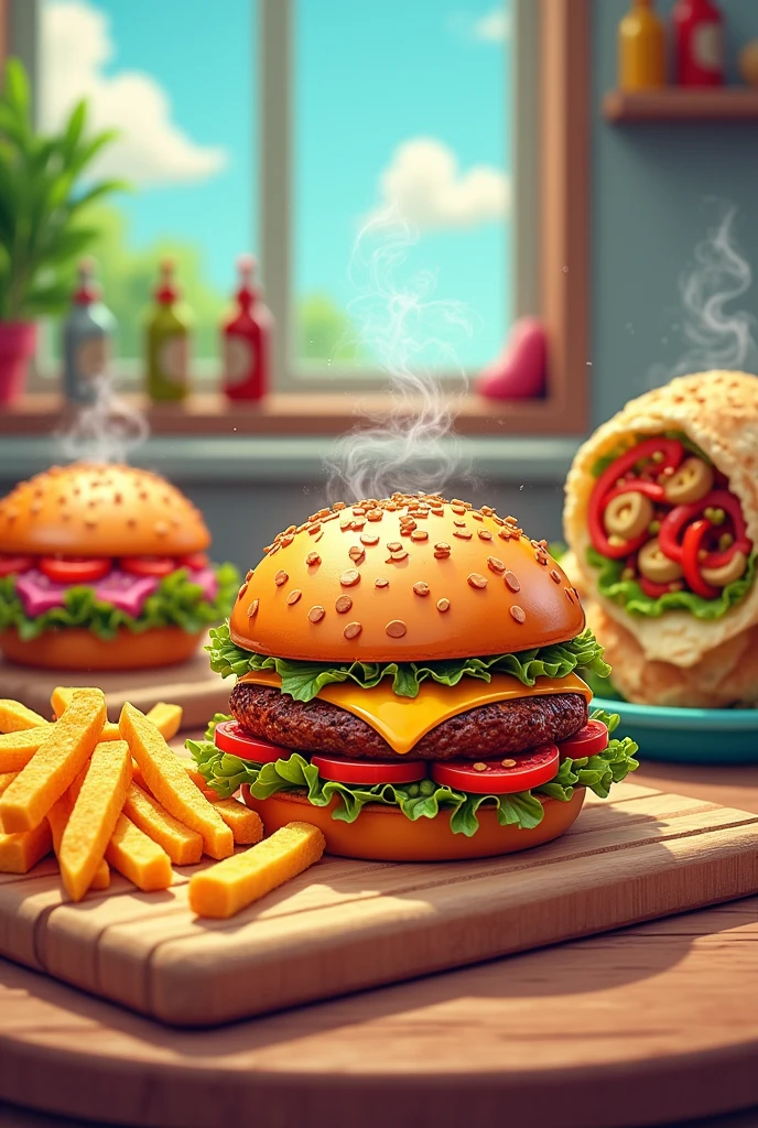 Burgers, Homemade shawarma and fries in cartoon style