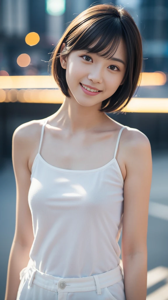 最high quality, table top, High resolution,1 wearing white camisole, 1 girl,very beautiful face,（Ultra-high definition image of an extremely beautiful face）（White camisole）hair ornaments,, gem diamond,realistic, New York night view、blur the background、,full body image,(high definition skin:1.2),Looking at camera with a smile,full body image 8K UHD, Digital single-lens reflex camera, in the soft and bright sunlight,high quality, volume lighting, Frank, photograph, High resolution,full body image,4K、Japanese college student、A sloppy smile、stand up straight、((((upper body photo)))),one person,short hair style、camisole