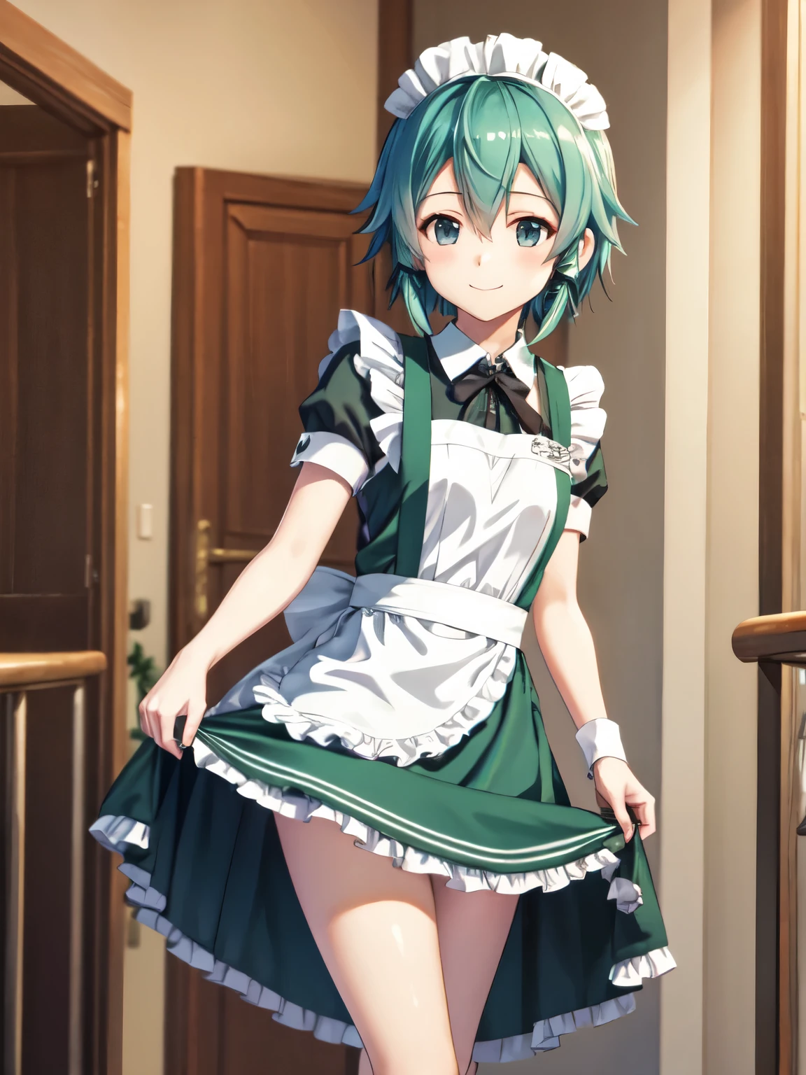 Highest quality, High resolution, unity 8k wallpaper,Absolute reference to the center、Sinon、Are standing、Short Hair 、alone、Green Hair、Short Hair、Skirt lift up、Hair Ribbon, ビクトリア朝Maid clothes、Maid clothes、白いMaid clothes、Gothic style、Are standing,indoor,Closed Mouth、smile、sexy