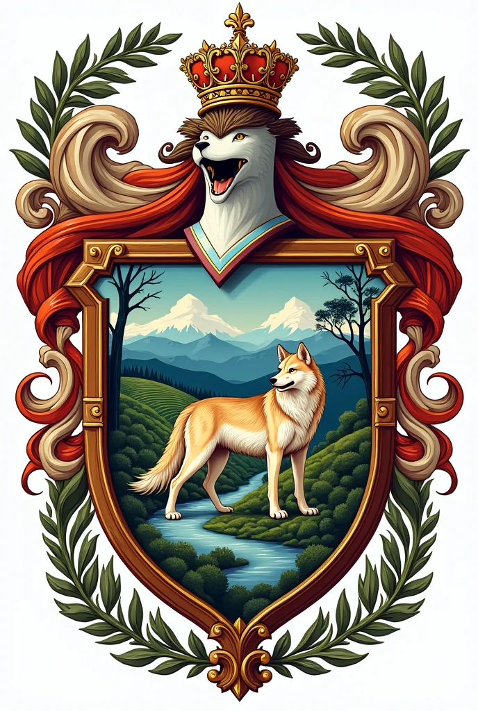 Make coat of arms of village. Make it with symbol of wolf, river, mountain and wine.