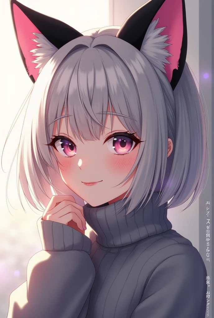 (masterpiece), expensive eye, best quality, perfect face, great anatomy, 1girl, , solo, D size breast, light gray hair, light eyes, black cat ear with pink inside, slit pupils, wear gray sweater, turtleneck, gray turtleneck sweater, smile at viewer, simple background, masterpiece, best quality, very aesthetic.