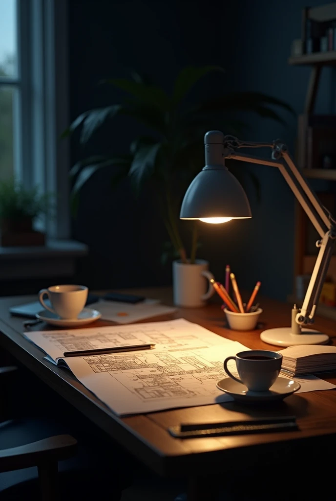 Generate an ultra-realistic image designed to look like a photo taken with a cell phone. The image is intended to depict a construction designers' desk. There should be a lamp on the desk, the room should be dark, the lamp should be on. There will be building plans, pencils and design tools on the desk. There should also be two cups of half-drunk coffee. view from the perspective of a person sitting at a desk. Photorealism:1:2