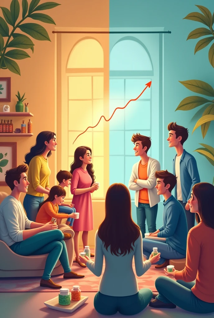 center image: A composition divided into two parts. On one side, a family relaxing at home, with a mother holding a bottle of essential oil, and other, a small group of people in a welcoming environment, discussing about the products, suggesting a meeting or workshop. The people in the image convey well-being and satisfaction.

Elementos visuais:

	• Simple icons representing insomnia, headache, and stomach with small captions, highlighting areas where essential oils can help.
	• Subtly, an upward graph or arrow that suggests business growth.
	• Vibrant colors, like green for health and blue for tranquility, contrasting with orange elements to draw attention to the business opportunity.

footer:

	• Contact for more information, with WhatsApp icons, instagramart, and a QR code for easy access to more details.

This combination of image and text will attract both the promise of improved health and the opportunity to undertake, directly touching people&#39;s daily needs.