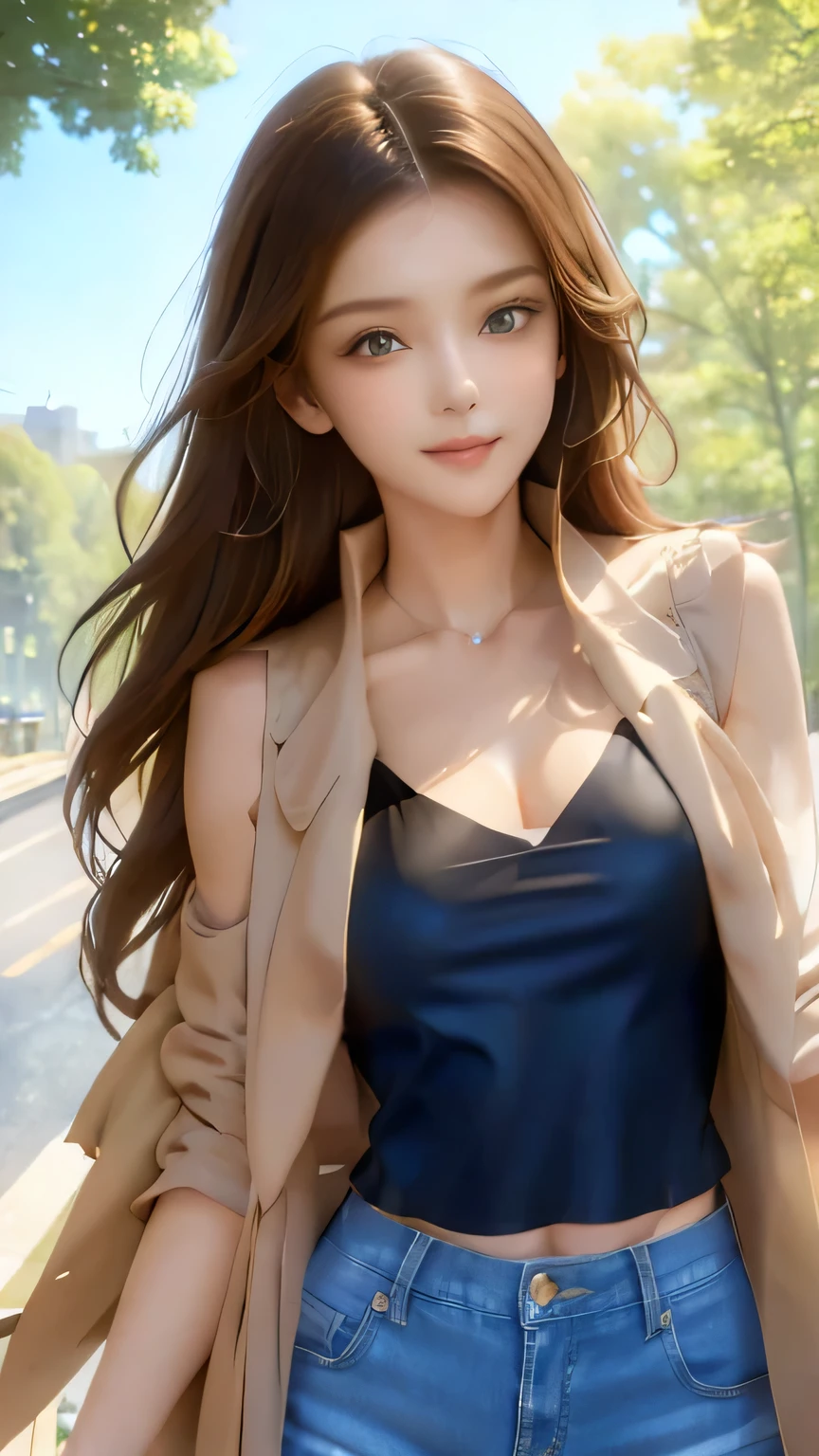Non-NSFW、Real、(Highest quality), (masterpiece)、Ultra-high resolution、RAW Photos, (upper body), (Tree-lined street:1.5), Fantasy、Looking into the camera、alone、(elemental Sylph:1.1), Beautiful Spirit、Super Beauty, (Mature:1.2), (16years-old:1.2)、Moisturized Skin、Perfect model body、Beautiful Eyes、Big eyes, (brown eyes:1.2)、Inconspicuous tear bags、(slim:1.2)、No bra、Beautiful fingers、Very long hair、highly saturated photos, clavicle, Splash, attractive,skinny, (smile:1.4), no_panties, (Large Breasts:1.2), Nipples, (brown hair), (Waist-length hair:1.5), Small Ass, lips, (Unbuttoned Trench Coat over the Sleeveless black tube top:1.6),(denim pants:1.2), (high heels:1.1), (Several sexy poses:1.1)
