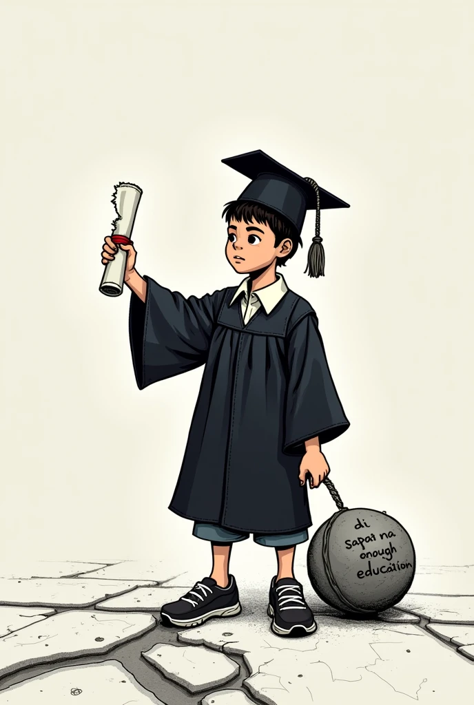 A student wearing a toque and gown is holding a diploma but the diploma is mostly light and torn. In the other hand, there was a large stone labeled 'di sapat na edukasyon' tied to his foot, preventing his progress. His feet are on a floor that breaks because of the lack of a solid foundation of knowledge. i an cartoon style and black and white
