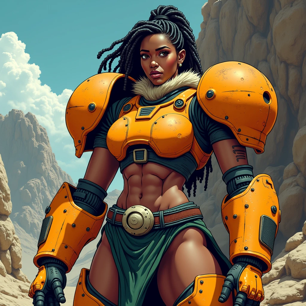 in an anime style depict an affrican woman in orange power armor covering her arms, shoulders and upper chest. The armor is a bold orange and very heavy looking, with bulky blocky features especialy over the chest, the shoulder pads of the armor or large and round. Under the armor is a dark green suit that covers her arms. the collar of the armor is high and fringed with fur. The gauntlets are bulky and robotic, and fringed with fur around the tops. Her midriff is bare and exposes her fit stomach. Around her waist is an old thick leather belt, covering her lower body is a ragged dark green loin cloth that leaves her hips and legs bare. Her upper legs are bare while on her lower legs she wears heavy orange armored boots, topped with fur. Her short black hair is in dreadlocks which are pulled back in a pony tail. The background is a rocky terrain with a barren mountain behind her.