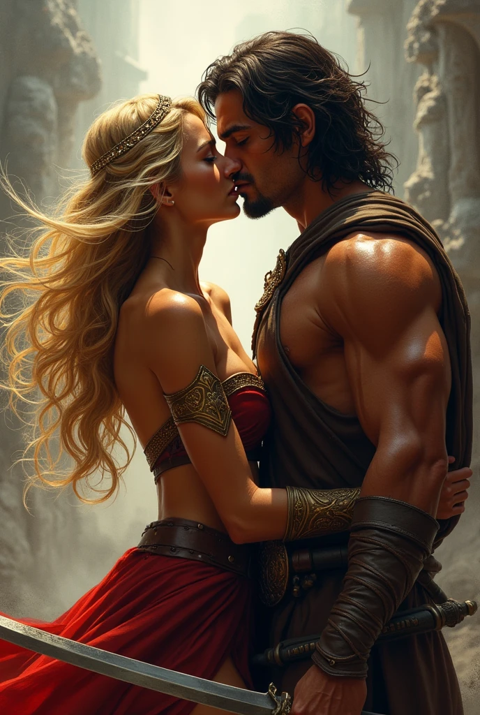 gorgeous blonde warrior princess with blue eyes kisses handsome man hungrily, dark hair, Caramel leather, sharp brafi muscular warrior.