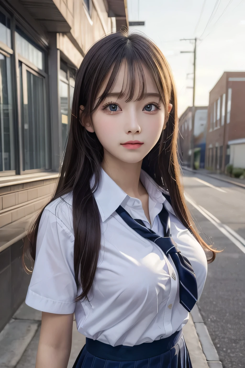 One Girl, 1 person,Highest quality,High resolution,超High resolution,8k,Realistic,Upper Body,encounter_audience,Large Breasts, the body is slim,(School uniform:1.2),