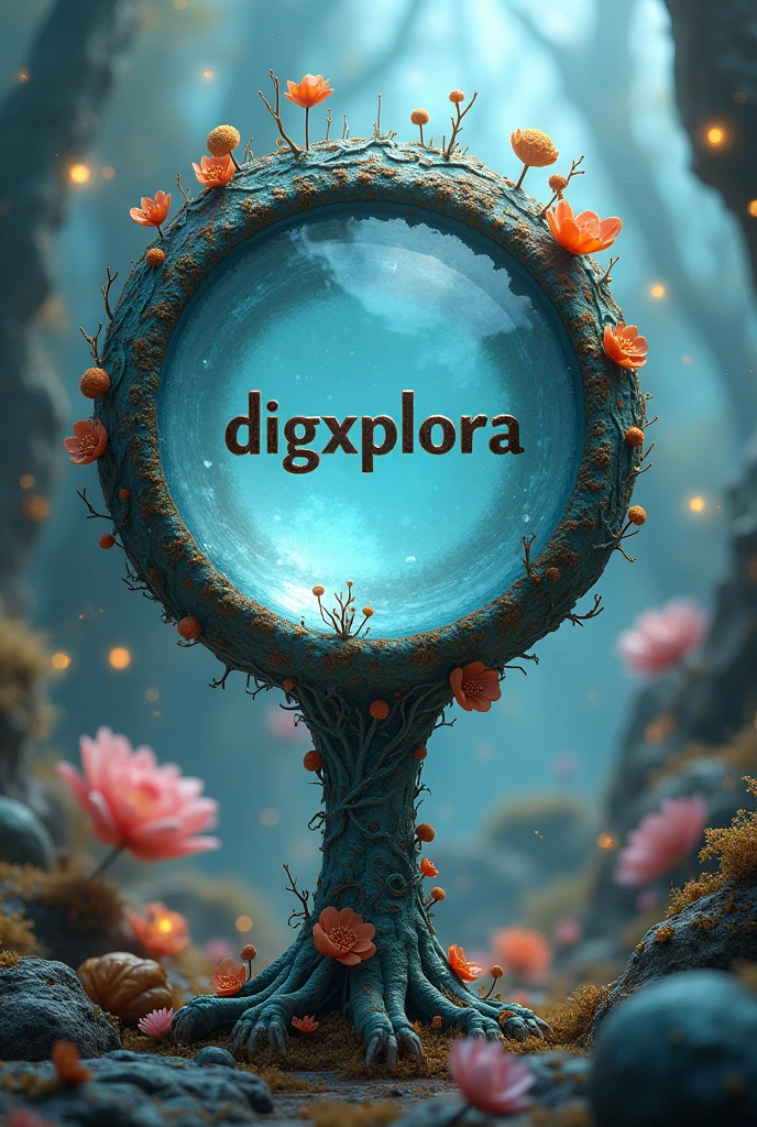 A non-realistic image with a magnifying glass and the word digexplora inside
