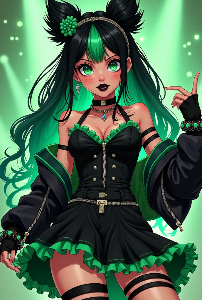 Black skin, female, black hair with a green stripe, black lipstick, freckles, happy, rockstar, her bridal motif changes to a rocker one, and she has a black sleeveless dress with a green ruffled underskirt and black shorts, and a black and green leather jacket and thigh high boots. She has sblack spikes on her boots, and a black spiked collar, wrist cuffs, and headband, with black spikes down the center of her dress. She also has black biker gloves and a clover zipper pull on her jacket. Anime