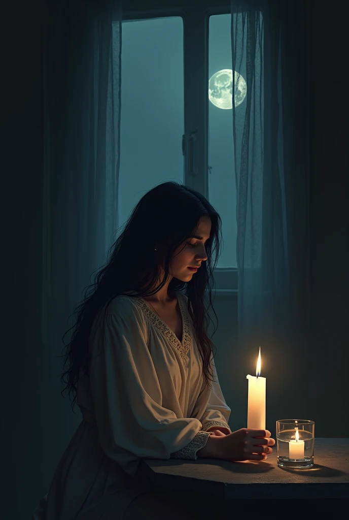 shows Maria sitting in front of the window, in a dark room, only lit by the flame of a white candle and the glow of the moon coming through the half-open window. His eyes are fixed on the glass of water next to the candle., his expression is one of pain and concentration, as she recites ancient words of power.