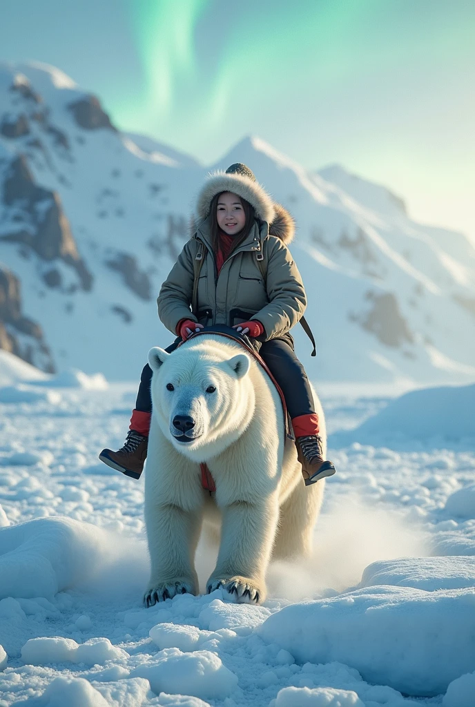 Make a tourist advertisement of humans riding polar bears 