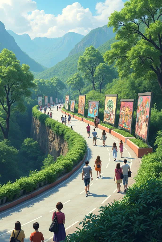 Photo of a vehicle road with a platform on the right and a green area on the edge, with art panels and people watching